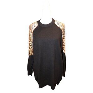Camilla Black Sweater Mini Dress With Silk Animal Print Sleeves, Medium